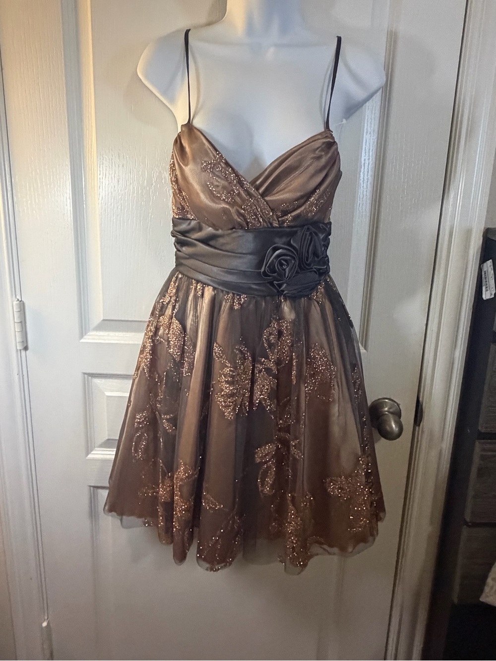 B Darlin Brown Glitter Floral Satin-Waist Mini Dress